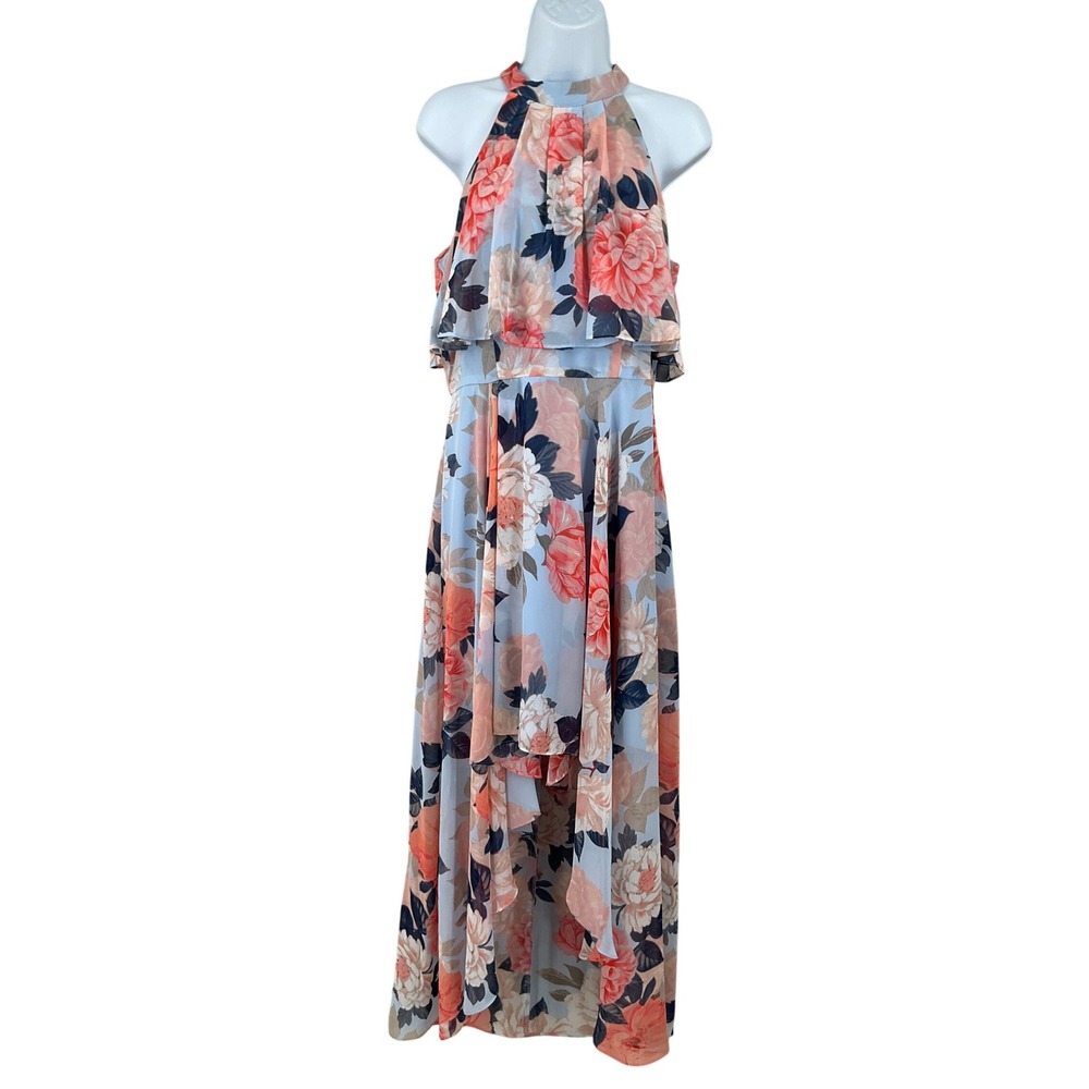 Eliza J High Low Maxi Dress Women 8 Blue Floral Chiffon Halter Boho Wedding